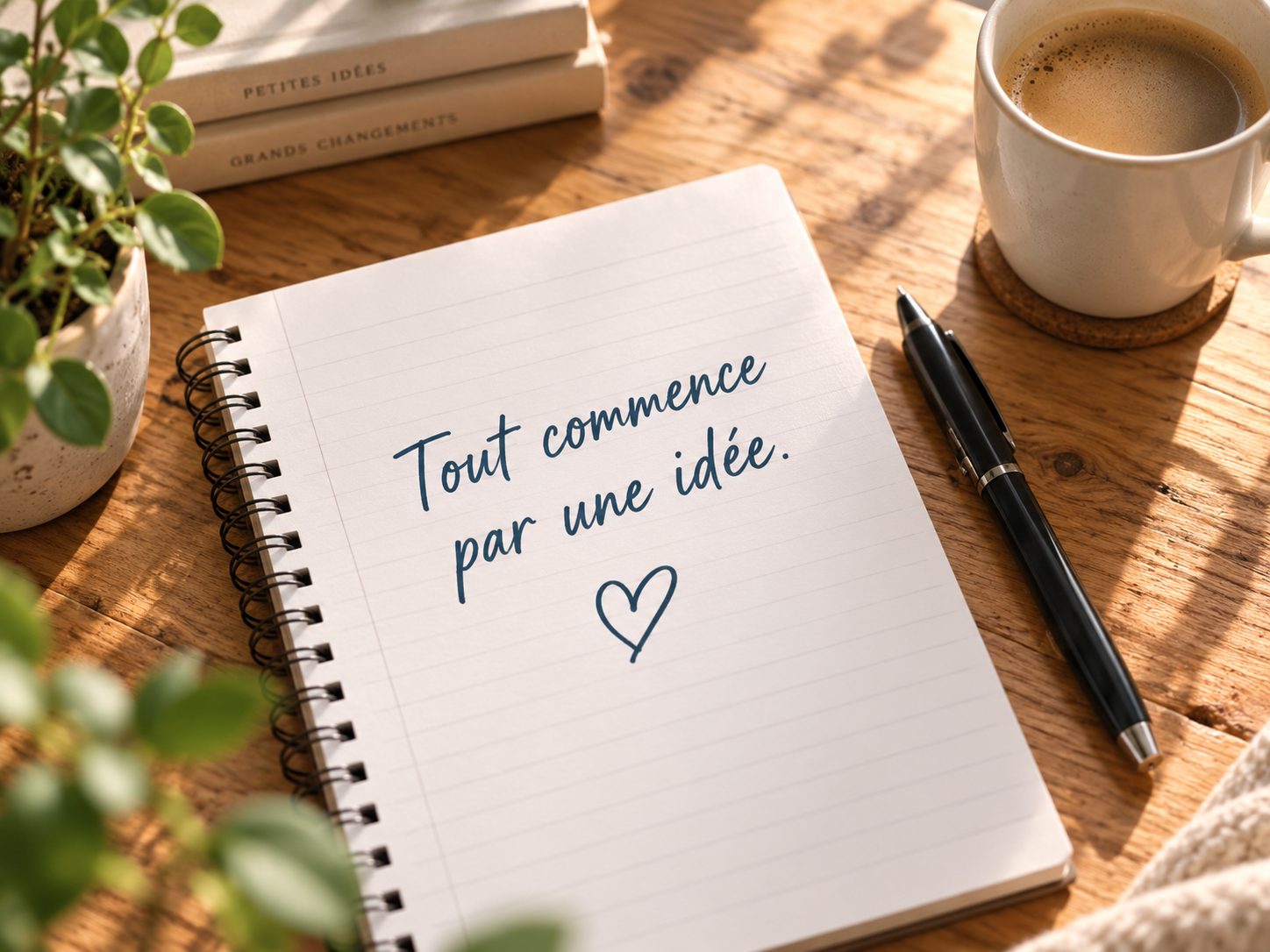 Carnet posé sur une table en bois portant la phrase Tout commence par une idée