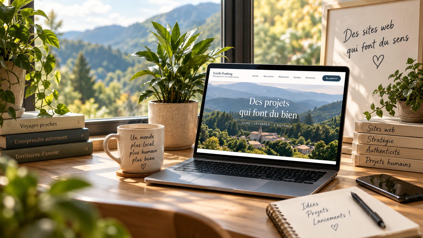 Bureau chaleureux avec un ordinateur portable affichant un site consacré aux Cévennes